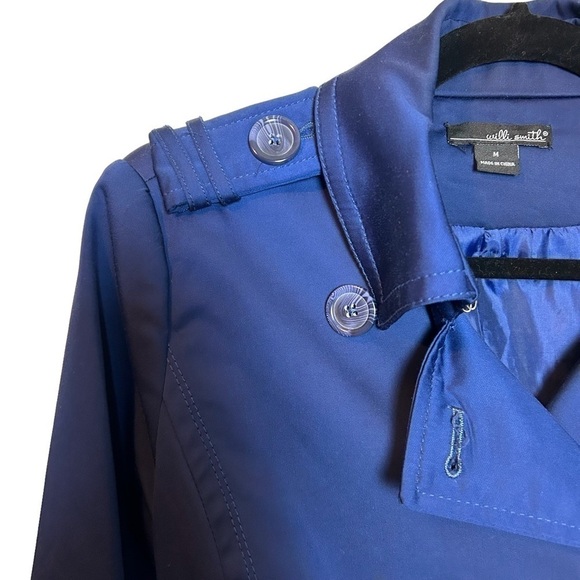 Willi Smith Navy Blue Double Breasted Belted Short Trench Jacket Coat Sz. M - Picture 6 of 16